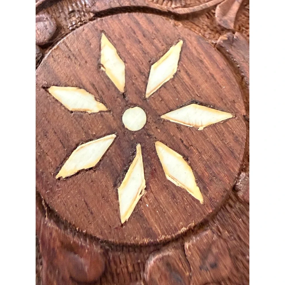 Vintage Busch Gardens Hand-Carved‎ Bone Inlay Wood Coaster Set - 6 Floral